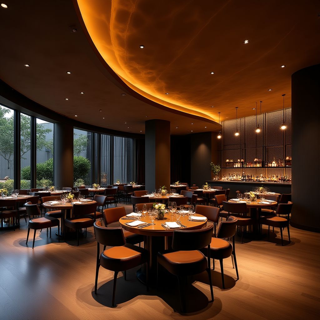 Moderní restaurace s designovým stropem